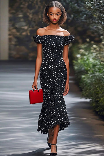 Off The Shoulder Mermaid Black White Polka Dot Graduation Dress